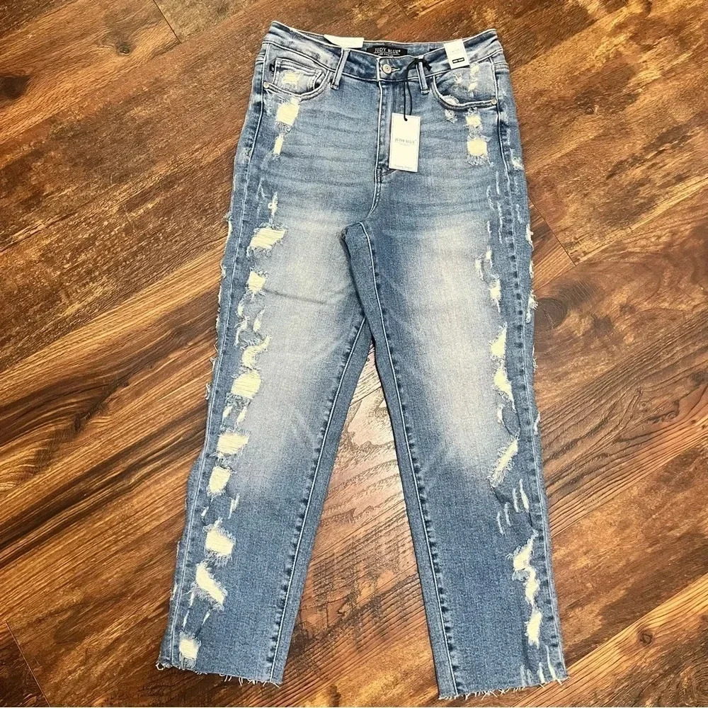 NWT Judy Blue Laila High Waisted Straight Side Distressed Jeans Size 7/28.